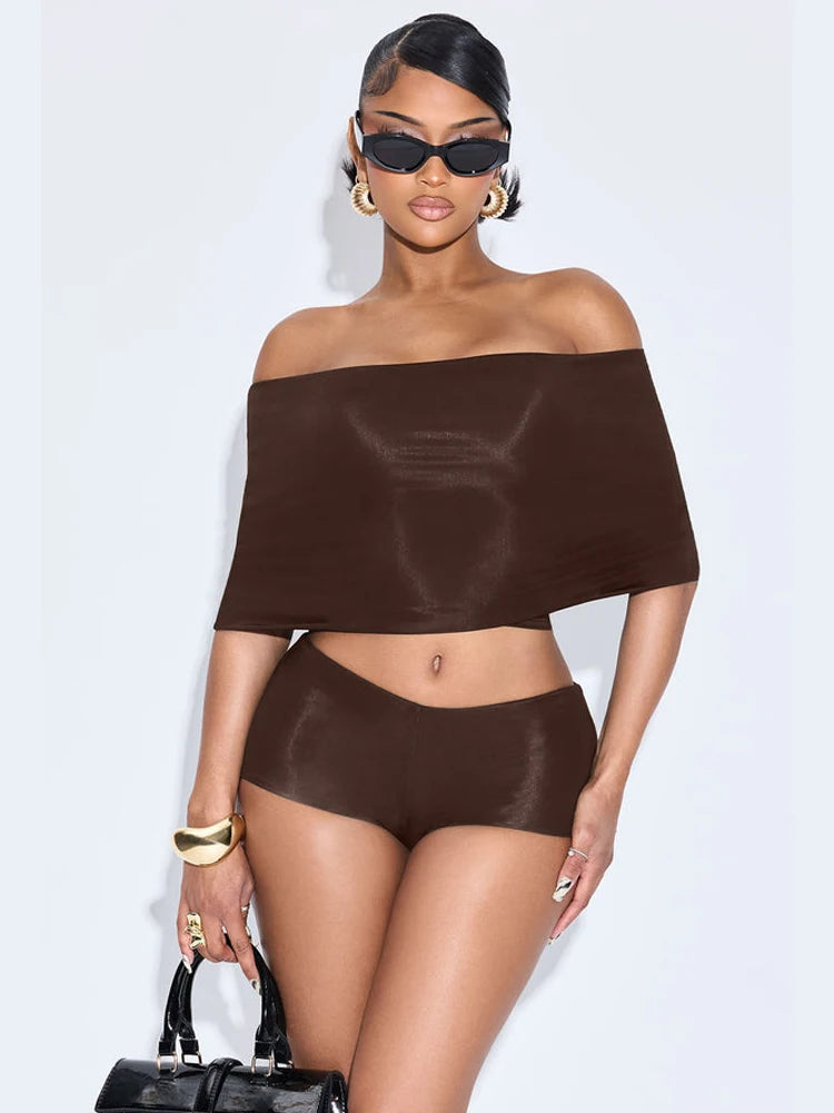 Fashion Hipster 3 Piece Set Women Slash Neck Mid Sleeve Crop Tops+Shorts+Foot Cover Simple Summer Matching Streetwear