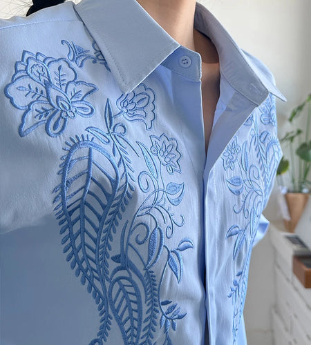 Women Blue Embroidery Big Size Vintage Casual Blouse New Lapel Long Sleeve Shirt Fashion Tide Spring Autumn 2025 1DJ1236