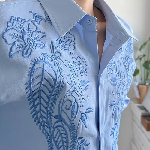 Load image into Gallery viewer, Women Blue Embroidery Big Size Vintage Casual Blouse New Lapel Long Sleeve Shirt Fashion Tide Spring Autumn 2025 1DJ1236
