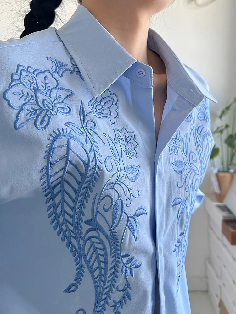 Women Blue Embroidery Big Size Vintage Casual Blouse New Lapel Long Sleeve Shirt Fashion Tide Spring Autumn 2025 1DJ1236