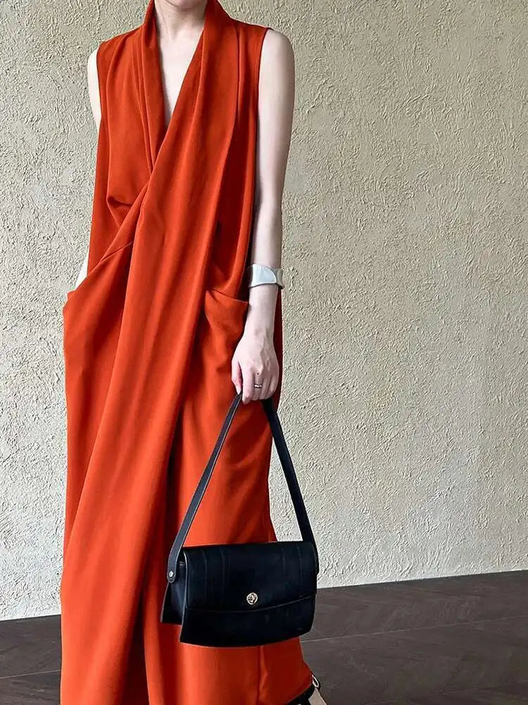 Women Orange Pocket Knot Elegant  Long Big Size Dress New V-Neck Sleeveless Fashion Tide Spring Summer 2025 1DH6380