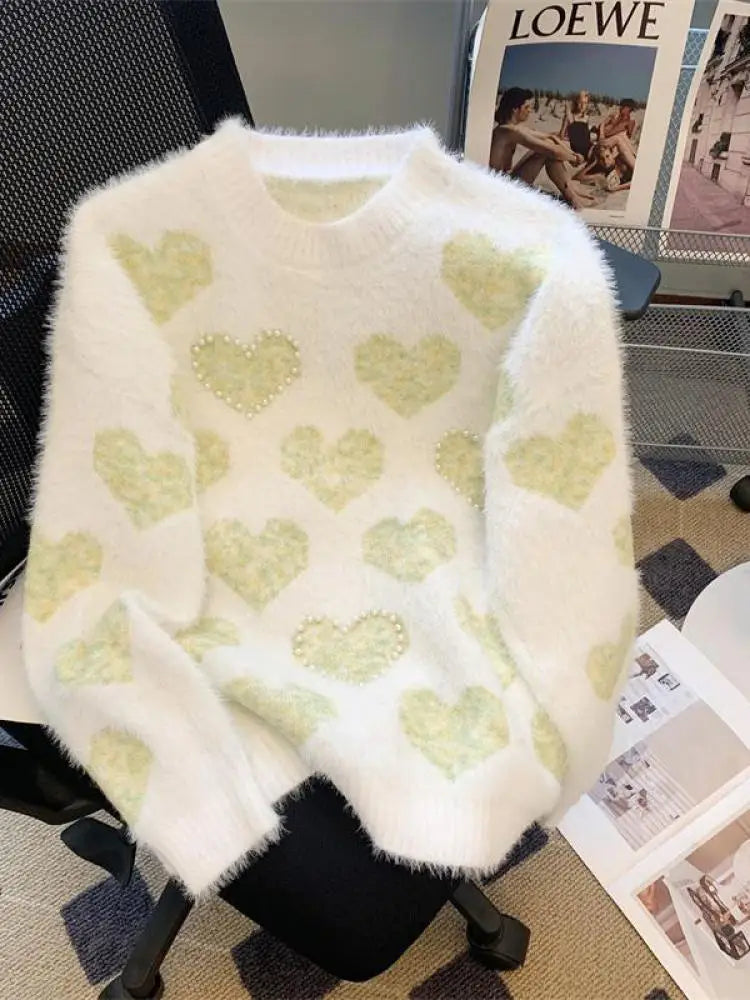 French Retro Heart Shaped Pearl Imitation Mink Sweaters Women Round Neck Warm Long Sleeves Knit Pullover Tops Autumn Winter Chic