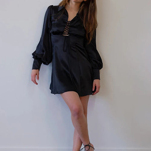 Load image into Gallery viewer, Elegant Long Sleeved Satin Lace Up Dress For Women Bodycon Suit Collar Hollow Out Dress Casual Female Party Club Vesidos
