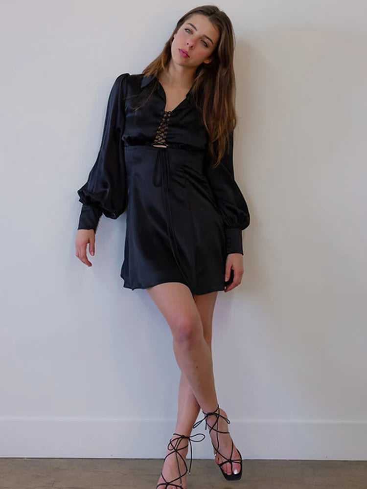 Elegant Long Sleeved Satin Lace Up Dress For Women Bodycon Suit Collar Hollow Out Dress Casual Female Party Club Vesidos