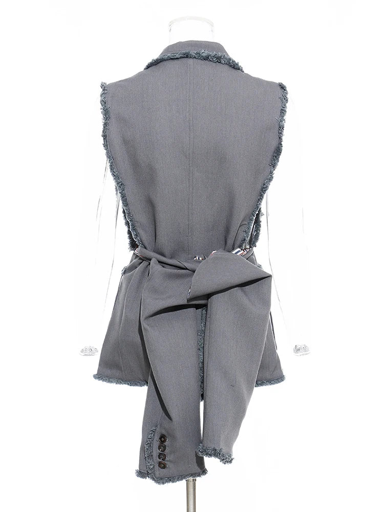 Women Two Ways Wear Tassels Striped Blazer New Lapel Long Sleeve Loose Fit Jacket Fashion Tide Spring Autumn 2025  JX643