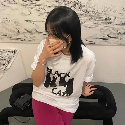 Load image into Gallery viewer, Korean Fashion Cat Print T-shirt Grunge Oversized Short Sleeve Tshirts Kpop Kawaii Chic Tops Women Japanese Streetwear
