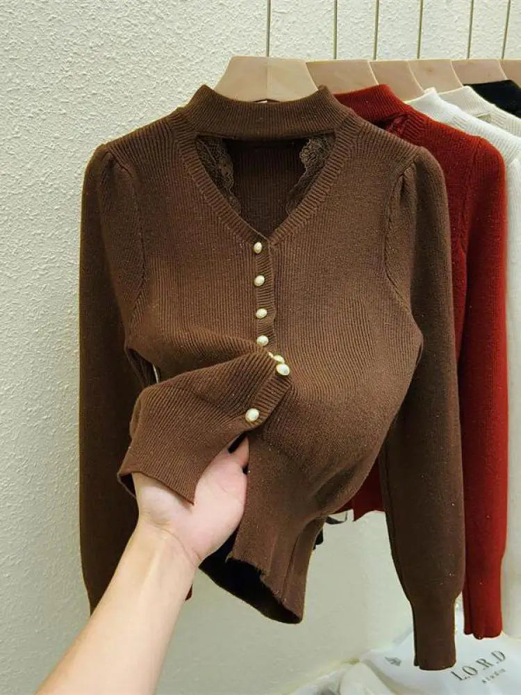 Autumn Winter Solid Lace Hollow Out Single Breasted Velvet Sweater Korean Fashion Women Warm Knitwear Long Sleeve Pullovers Tops