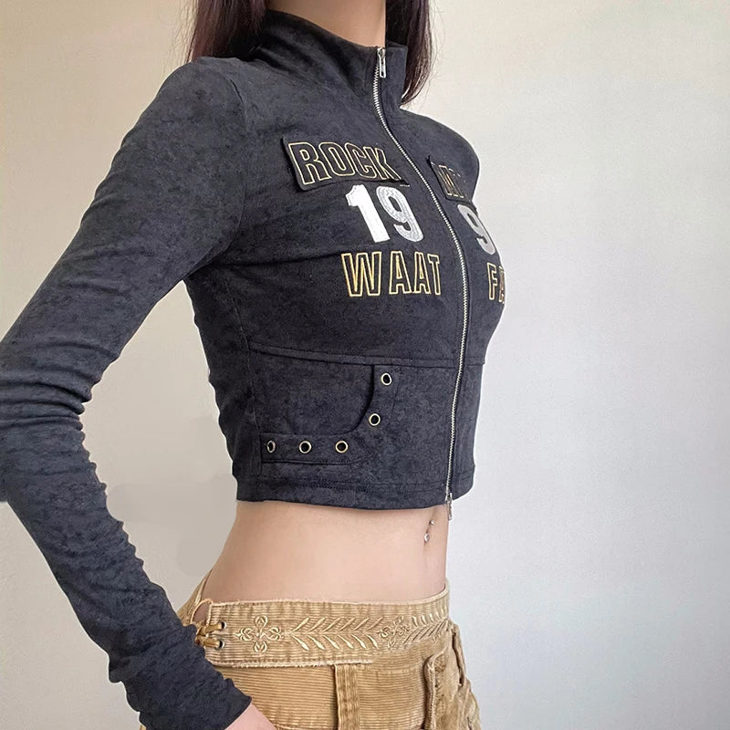 Harajuku Punk Turtleneck Jacket Zip-Up Bodycon Letter Embroidery Autumn Coat Crop Moto&Biker Style Appliques Outwear