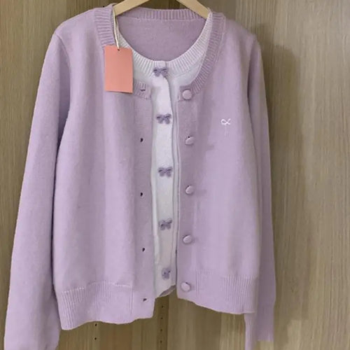 Load image into Gallery viewer, French Vintage Purple Patchwork Bow Single Breasted Cardigan Sweater Women Autumn Winter Round Neck Long Sleeve Knitwear Tops
