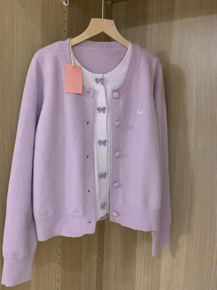 French Vintage Purple Patchwork Bow Single Breasted Cardigan Sweater Women Autumn Winter Round Neck Long Sleeve Knitwear Tops