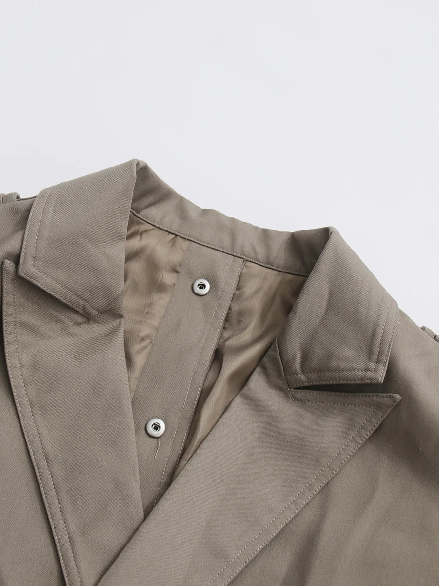 Solid Slimming Spliced Lace Up Temperament Jacket for Women Lapel Long Sleeves Patchwork Pockets Trench Female New