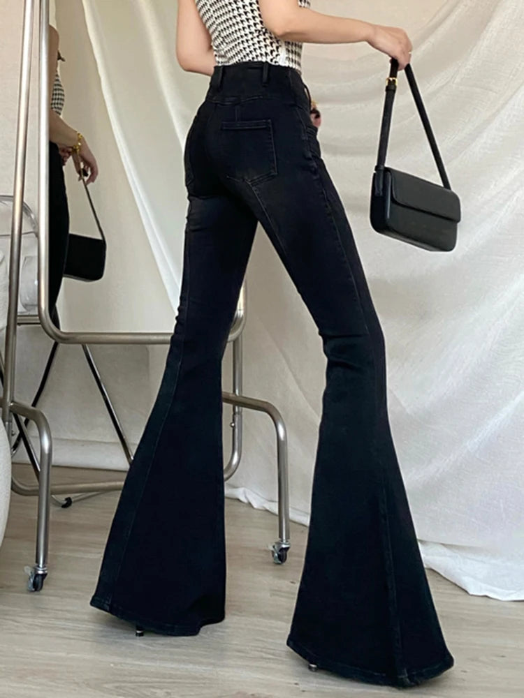 Vintage Casual Flare Jeans High Waist Full Length Patchwork Folds Slimming Temperament Pant Female Fashion Clothing