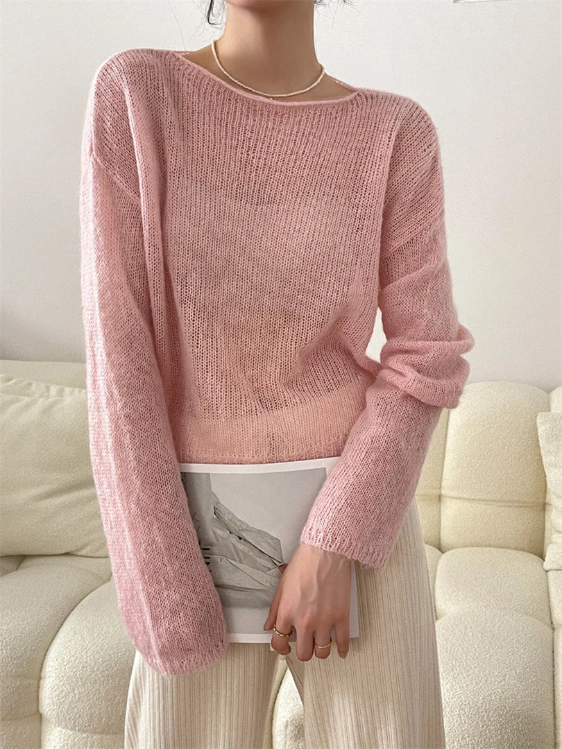 Thin Beige Big Size Knitting Sweater Round Neck Long Sleeve Women Pullovers New Fashion Tide Spring Summer 2025 1DF0250