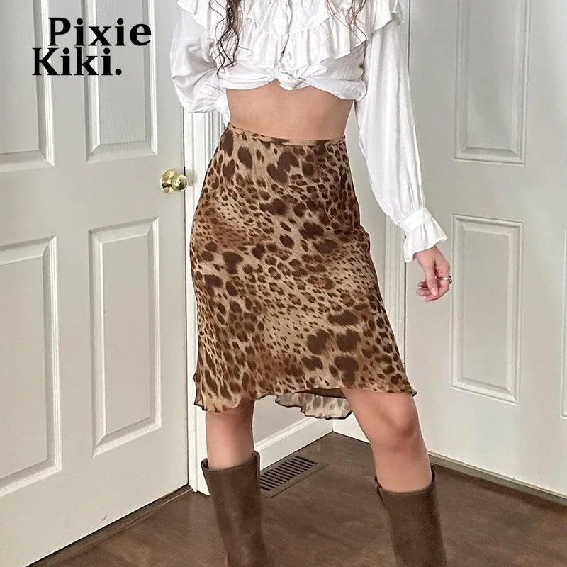 Leopard Print Mesh Tight Skirt Y2k 2000s Vintage Low Waist Knee Length Skirt Women Fall 2024 P67-BF20