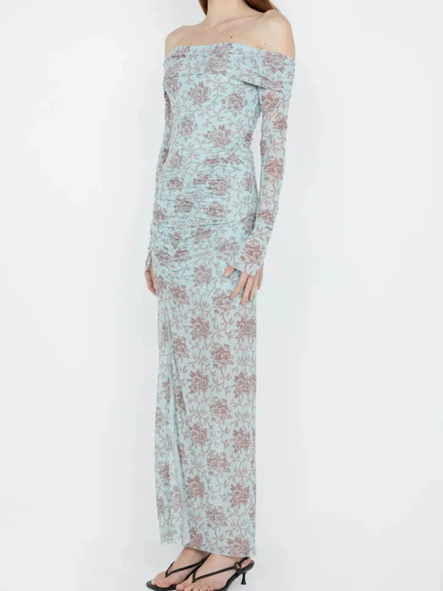 Hit Color Printing Slimming Dresses For Women Slash Neck Long Sleeve High Waist Temperament Dress Female Fashion