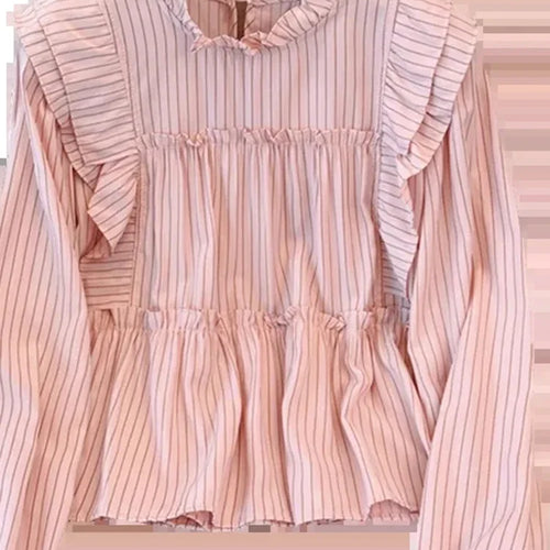 Load image into Gallery viewer, French Vintage Vertical Striped Loose Women Blouse Elegant Ladies Sweet Pink White Female Chicly Ruffles Collar Top
