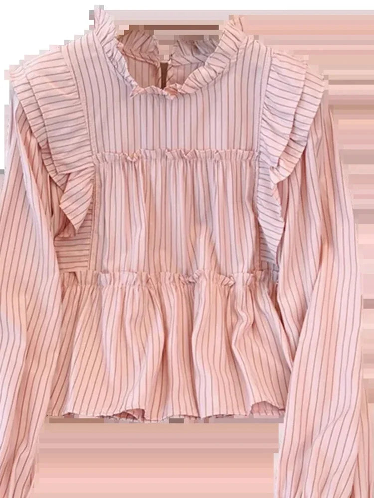 French Vintage Vertical Striped Loose Women Blouse Elegant Ladies Sweet Pink White Female Chicly Ruffles Collar Top