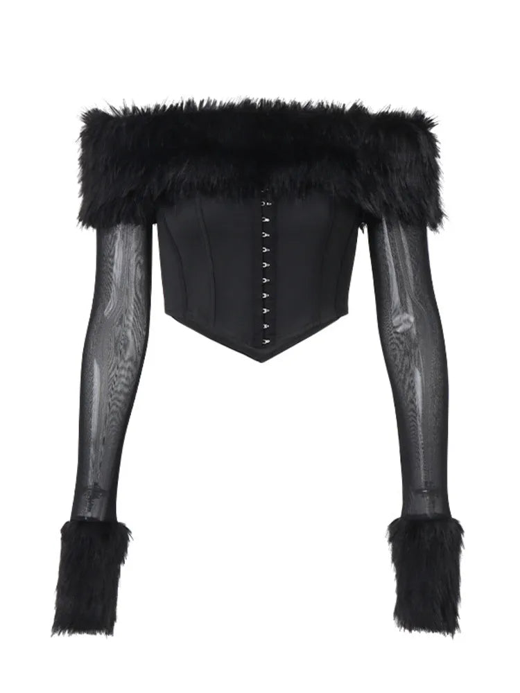 Autumn Sexy Tunic Waist Fish Bone One Line Neck Long Sleeved Top Tank Velvet Spicy Girl Tight Women Long Sleeved Top