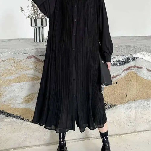 Load image into Gallery viewer, Women Black Brief Pleated Elegant Big Size Midi Shirt Dress New Lapel Long Sleeve Fashion Tide Spring Autumn 2025 1DJ0072
