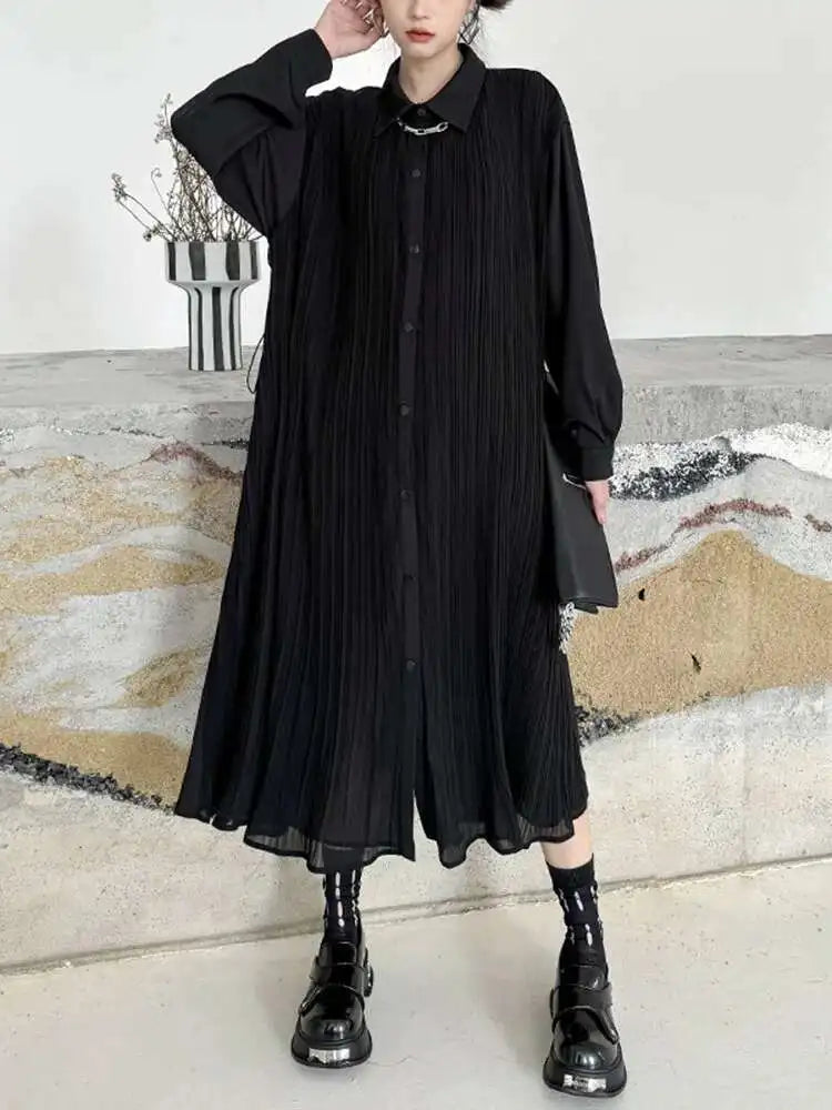 Women Black Brief Pleated Elegant Big Size Midi Shirt Dress New Lapel Long Sleeve Fashion Tide Spring Autumn 2025 1DJ0072