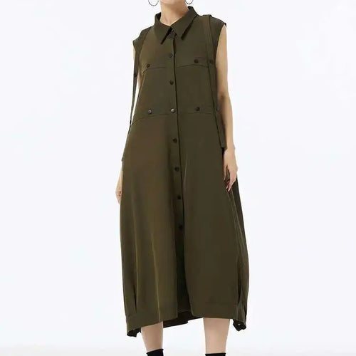 Load image into Gallery viewer, Women Army Green Button Big Size Midi Casual Shirt Dress New Lapel Sleeveless Fashion Tide Spring Summer 2025  1DH6614

