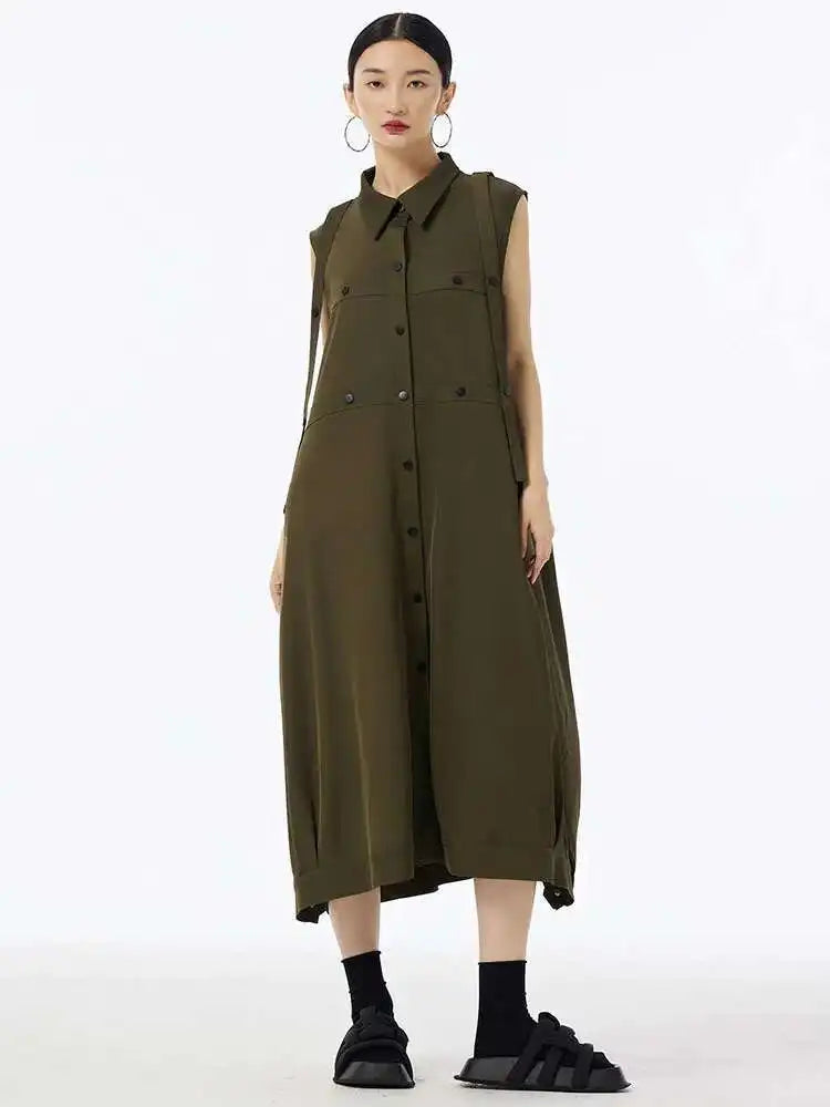 Women Army Green Button Big Size Midi Casual Shirt Dress New Lapel Sleeveless Fashion Tide Spring Summer 2025  1DH6614
