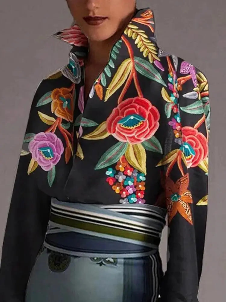 Autumn Vintage Blouses Women's Flared Sleeves Blouse Urban Flower Printed Elegant Shirts Tops for Woman