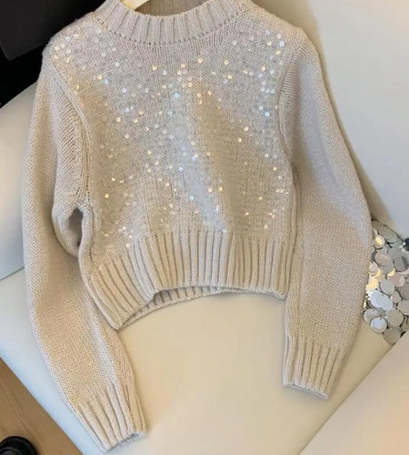 French Solid Sequins Knitted Sweater Women Autumn Winter 2023 New Fashion Long Sleeve O Neck Short Pullover Tops Casual Vintage