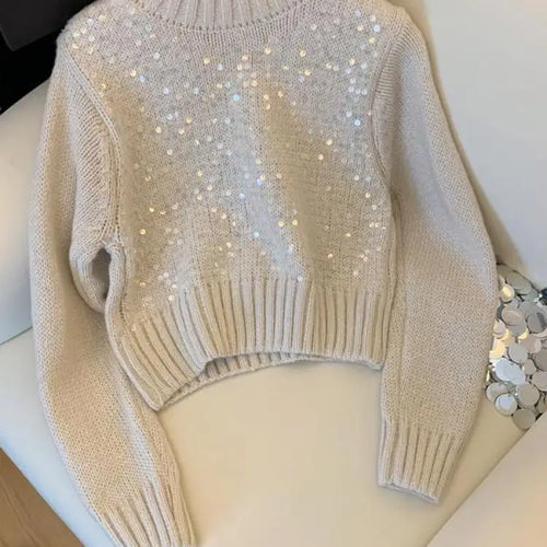Load image into Gallery viewer, French Solid Sequins Knitted Sweater Women Autumn Winter 2023 New Fashion Long Sleeve O Neck Short Pullover Tops Casual Vintage
