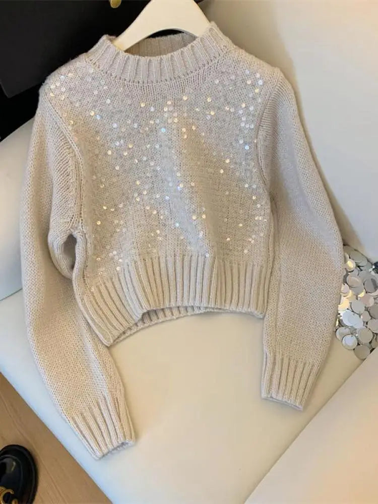 French Solid Sequins Knitted Sweater Women Autumn Winter 2023 New Fashion Long Sleeve O Neck Short Pullover Tops Casual Vintage