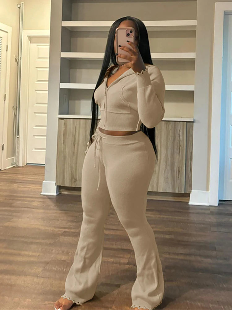 Sporty 2 Piece Set Women Hooded Cardigan Crop Jacket+Drawstring Straight Pants Fit Simple Classic Basic Casual Tracksuit