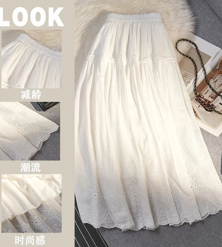 White High Waist Lace Hollow Out Fairy Skirt Summer Pleated A-line Midlength Skirts Elastic Waist Long Skirts Women Beach Boho