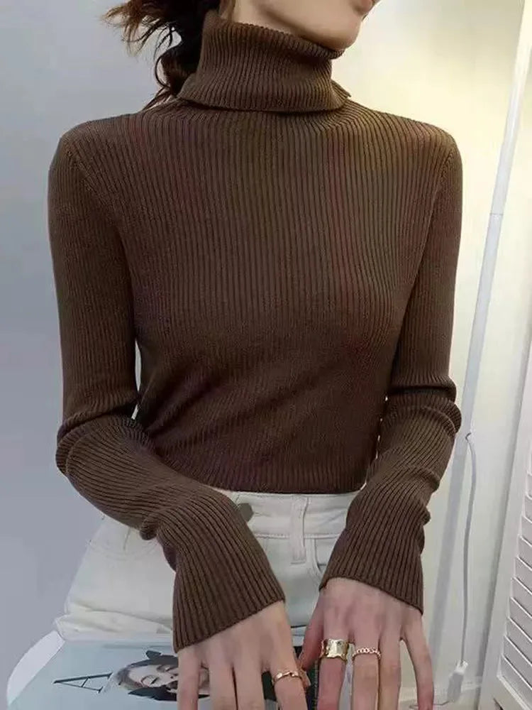 New 2025 Women Pullover Turtleneck Sweater Autumn Long Sleeve Slim Elastic Korean Simple Basic Cheap Jumper Solid Color Top