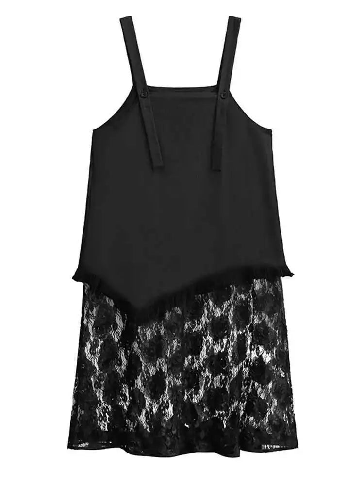 Women Black Hem Lace Denim Elegant Big Size Strap Dress New Square Collar Sleeveless Fashion Spring Autumn 2025 1DH6630