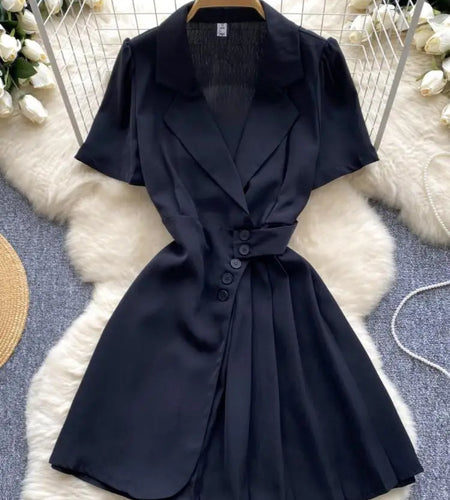 Women Black Single Breasted Temperament Blazer Dress 2024 Summer Clothing Green Elegant Office Short Sleeve Pleated Mini Dresses