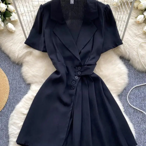 Load image into Gallery viewer, Women Black Single Breasted Temperament Blazer Dress 2024 Summer Clothing Green Elegant Office Short Sleeve Pleated Mini Dresses
