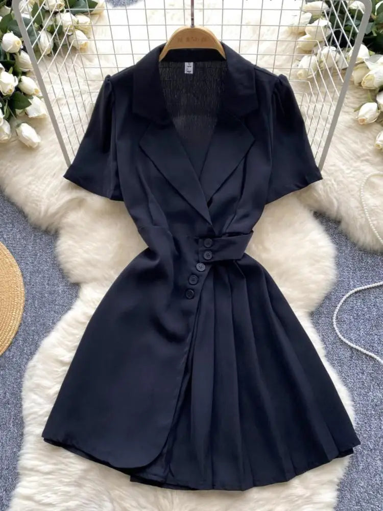 Women Black Single Breasted Temperament Blazer Dress 2024 Summer Clothing Green Elegant Office Short Sleeve Pleated Mini Dresses