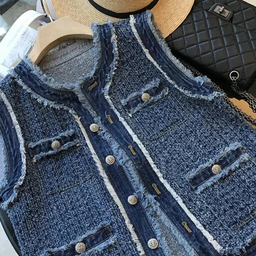 Load image into Gallery viewer, Spring Autumn Blue Plaid Denim Women&#39;s Vest with Tassel Elegant Fashion Women Single Breasted Flow Sleeveless Tank Top Coat
