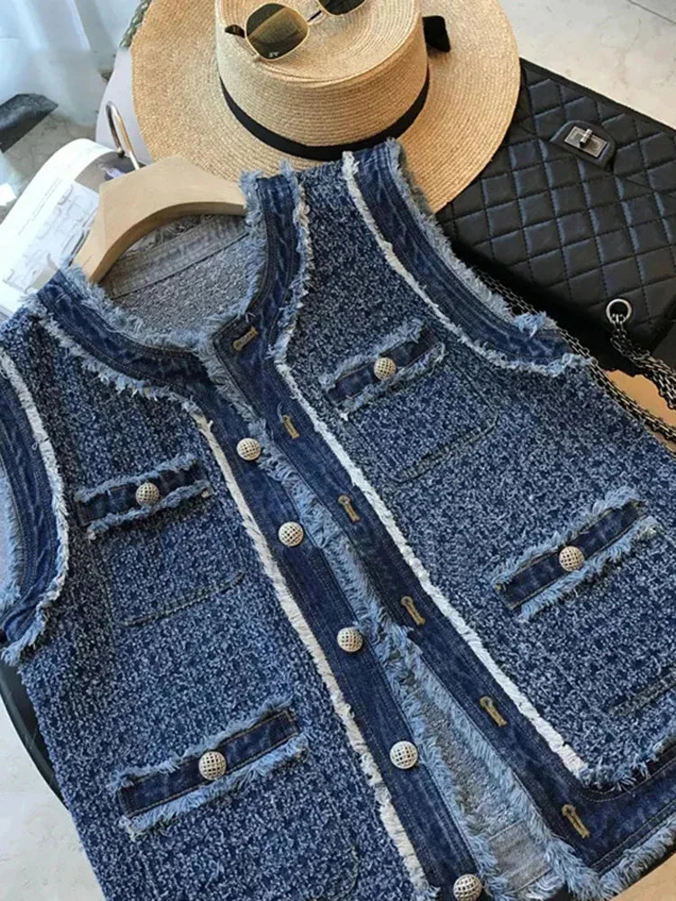 Spring Autumn Blue Plaid Denim Women's Vest with Tassel Elegant Fashion Women Single Breasted Flow Sleeveless Tank Top Coat