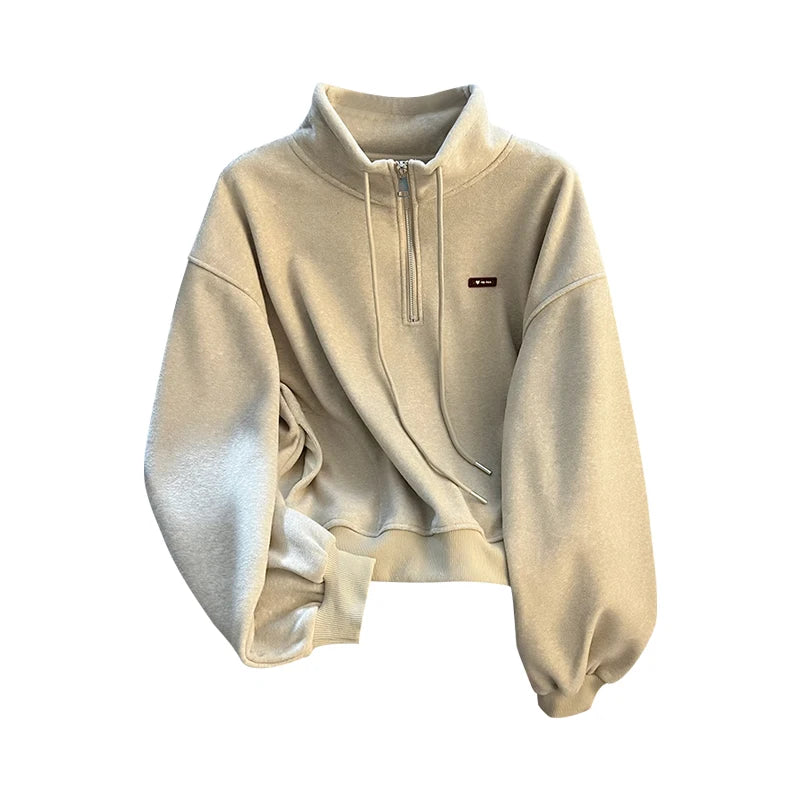 Korean Fashion Women's Beige Velvet Half Zipper Sweatshirt Autumn Winter Grey Long Sleeve Holiday Casual Pullover Tops Thick New