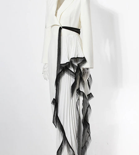 Women White Irregular Pleated Elegant Long Blazer New Lapel Long Sleeve Jacket Fashion Tide Spring Autumn 2025 7AB4740