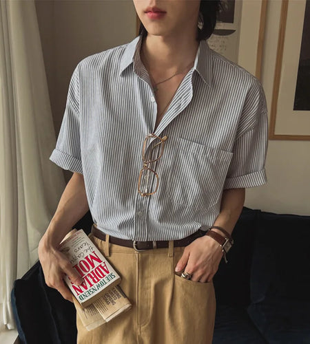 Men's Shirts New Summer Striped Short Sleeved Loose Male Lapel Casual Single Breasted Shirt Korean Trendy Male Top 9W1621