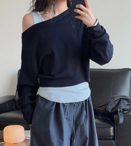 Black Color-block Knitting Sweater Irregular Neck Long Sleeve Women Pullovers New Fashion Tide Spring Autumn 2025 1DJ0158