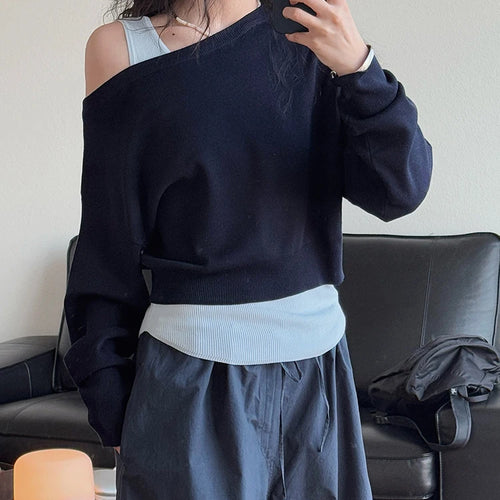 Load image into Gallery viewer, Black Color-block Knitting Sweater Irregular Neck Long Sleeve Women Pullovers New Fashion Tide Spring Autumn 2025 1DJ0158
