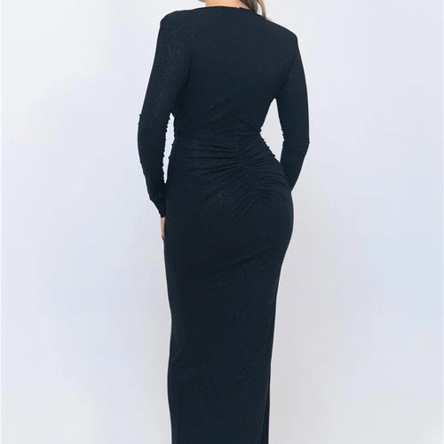 Load image into Gallery viewer, Glitter Deep V Neck Sexy Maxi Dress For Women Elegant Sparkle Long Sleeve Ruched Bodycon Split Club Party Sexy Dress
