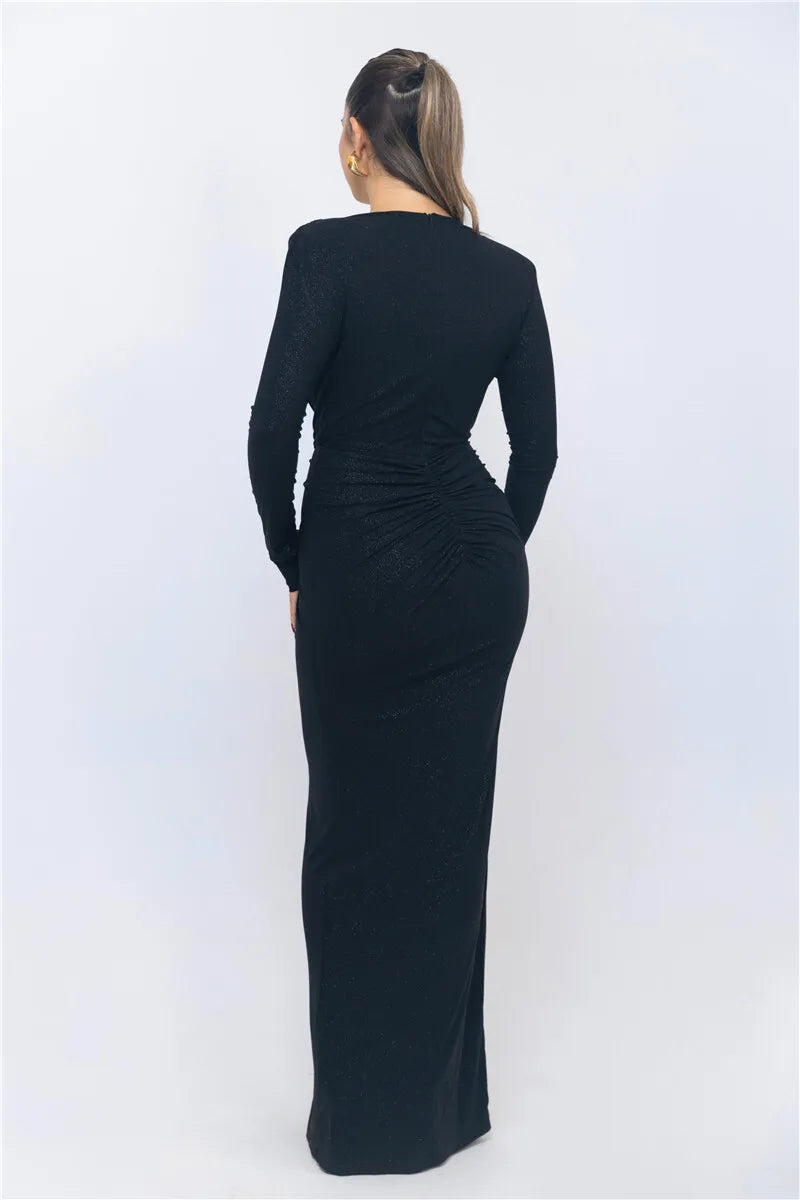 Glitter Deep V Neck Sexy Maxi Dress For Women Elegant Sparkle Long Sleeve Ruched Bodycon Split Club Party Sexy Dress
