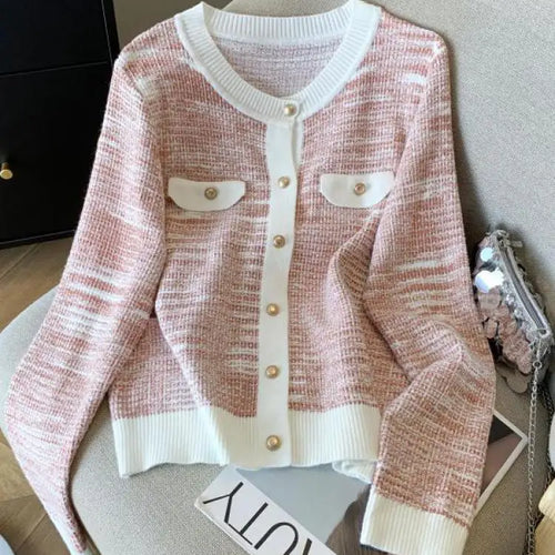 Load image into Gallery viewer, French Fashion Patchwork Elegant Long Sleeve O Neck Women Sweaters 2024 New Autumn Winter Single Breasted Vacation Cardigan Tops
