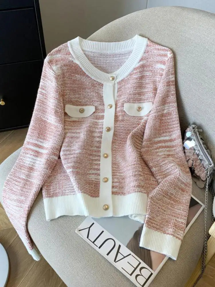 French Fashion Patchwork Elegant Long Sleeve O Neck Women Sweaters 2024 New Autumn Winter Single Breasted Vacation Cardigan Tops