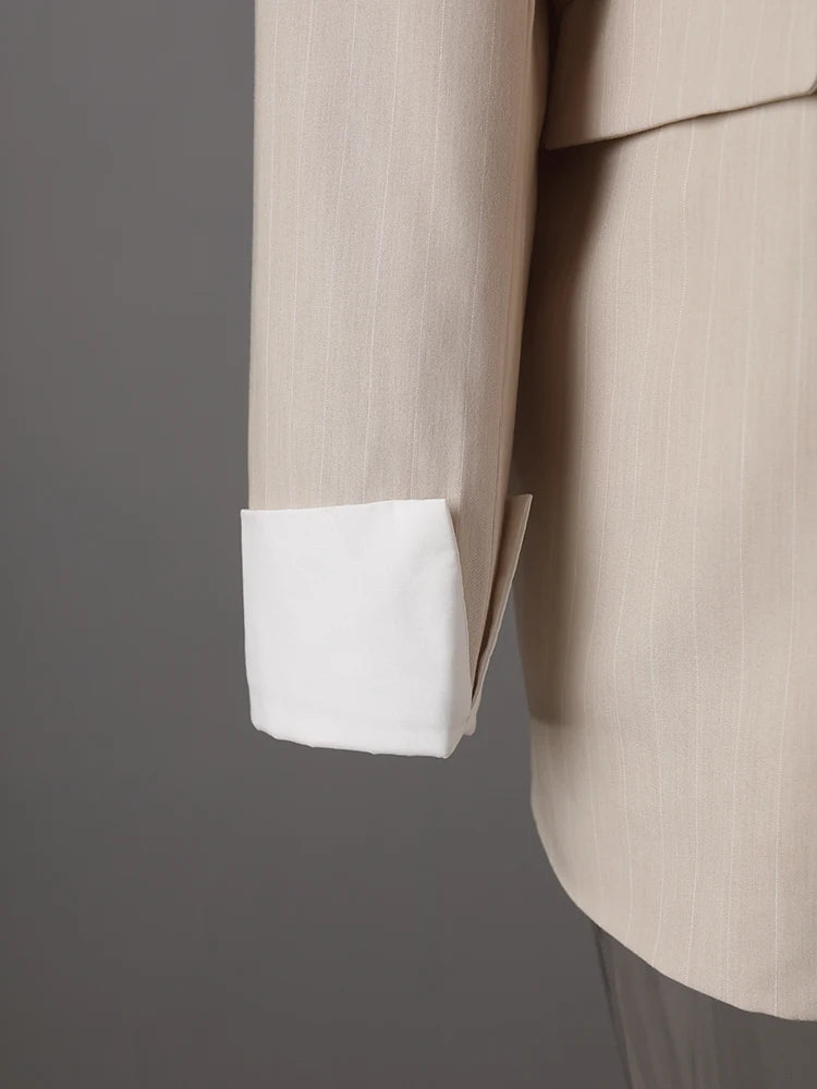 Women Apricot Striped Color-block Big Size Blazer New Lapel Long Sleeve Jacket Fashion Tide Spring Autumn 2025 30A2753