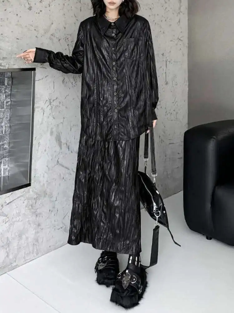 Wine Red Leather Shirt Half-body Skirt Two Pieces Suit New Lapel Long Sleeve Women Fashion Tide Spring Autumn 2025 1DH6880